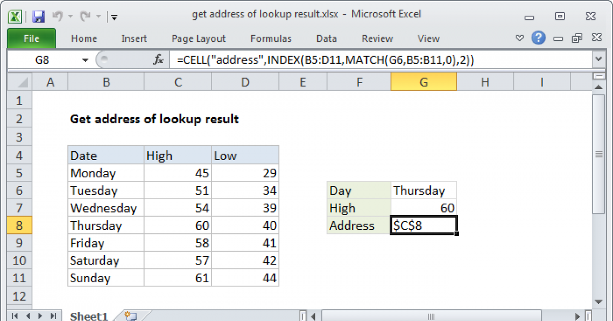 Get Address Of Lookup Result Excel Formula Exceljet